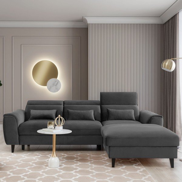 Tamsiai pilkos spalvos iš velveto sulankstoma/su sandėliavimo vieta kampinė sofa (su dešiniuoju kampu/su gultu) Foble – ELTAP-image-1