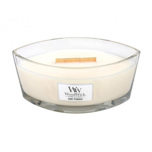 Vanilės, medaus ir rožių kvapo žvakė WoodWick Baby Powder, degimo trukmė 30 val.