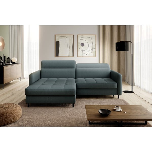 Pilkai žalios spalvos iš velveto sulankstoma/su sandėliavimo vieta kampinė sofa (su kairiuoju kampu/su gultu) Gomsi – ELTAP-image-3