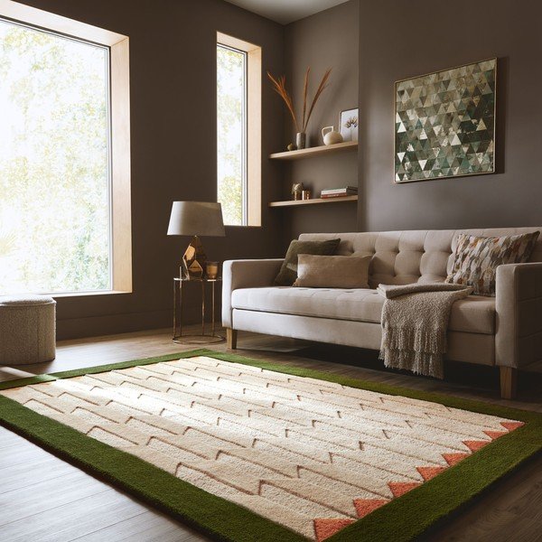 Rankų darbo žalios spalvos/natūralios spalvos iš vilnos kilimas 120x170 cm Apex Border Wool – Flair Rugs-image-1