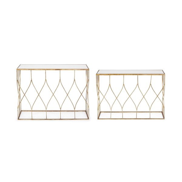 Auksinės spalvos konsoliniai staliukai 2 vnt. su stikliniu stalviršiu 33x104 cm Elenor – Bizzotto-image-4