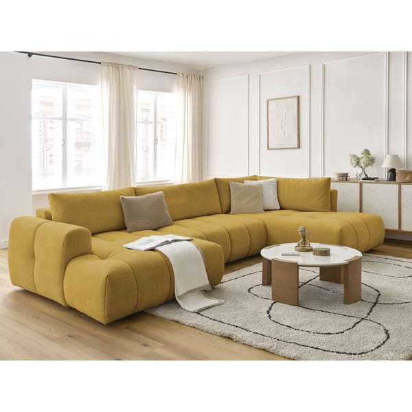Garstyčių spalvos sulankstoma/su sandėliavimo vieta kampinė sofa (su dešiniuoju kampu/„U“ formos) Fuji – Bobochic Paris-image-1