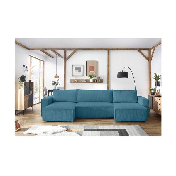 Iš kordinio velveto sulankstoma kampinė sofa turkio spalvos Nihad – Bobochic Paris-image-1