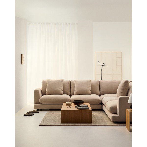 Smėlio spalvos kampinė sofa iš šenilinio audinio Gala – Kave Home-image-1