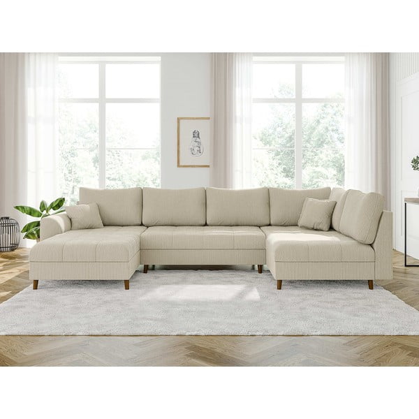 Iš kordinio velveto kampinė sofa kreminės spalvos (su kairiuoju kampu/„U“ formos) Ariella – Ropez-image-1