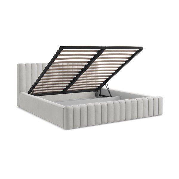 Sidabrinės spalvos dvigulė lova audiniu dengta su sandėliavimo vieta su lovos grotelėmis 160x200 cm Lemi – Makamii-image-3