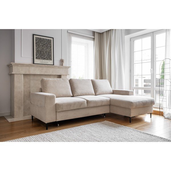 Iš kordinio velveto sulankstoma kampinė sofa smėlio spalvos (su dešiniuoju kampu) Lofty Lilly – Miuform-image-3