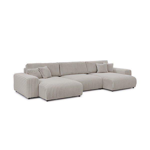 Šviesiai pilkos spalvos sulankstoma ir su sandėliavimo vieta kampinė sofa iš kordinio velveto („U“ formos) Sarina – Ropez-image-3