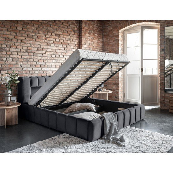 Pilkos spalvos dvigulė lova dengta audiniu su sandėliavimo vieta su lovos grotelėmis 180x200 cm Lamica – ELTAP-image-4