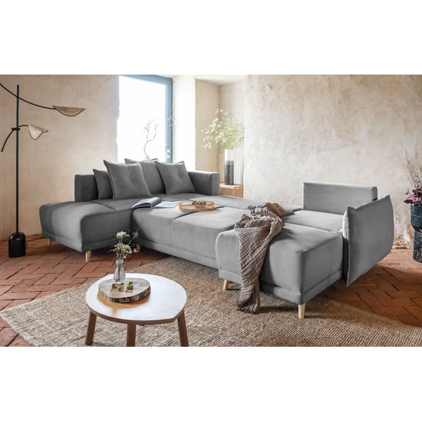 Sulankstoma kampinė sofa iš kordinio velveto pilkos spalvos (su kairiuoju kampu/„U“ formos) Lazy Lukka – Miuform-image-1