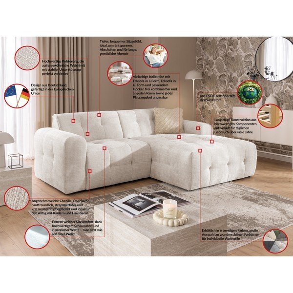 Kreminės spalvos kampinė sofa (su dešiniuoju kampu/su gultu) Melva – Ropez-image-4