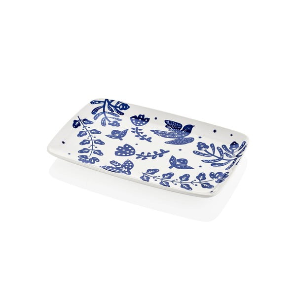 Baltos ir mėlynos spalvos porceliano serviravimo lėkštė Mia Bloom, 34 x 25 cm