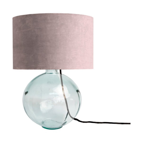 Rožinės spalvos rankomis pūsto stiklo stalinė lempa su aksominiu gaubtu "Velvet Atelier