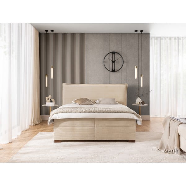 Smėlio spalvos spyruoklinė lova su sandėliavimo vieta 200x200 cm Lysa – Ropez-image-4