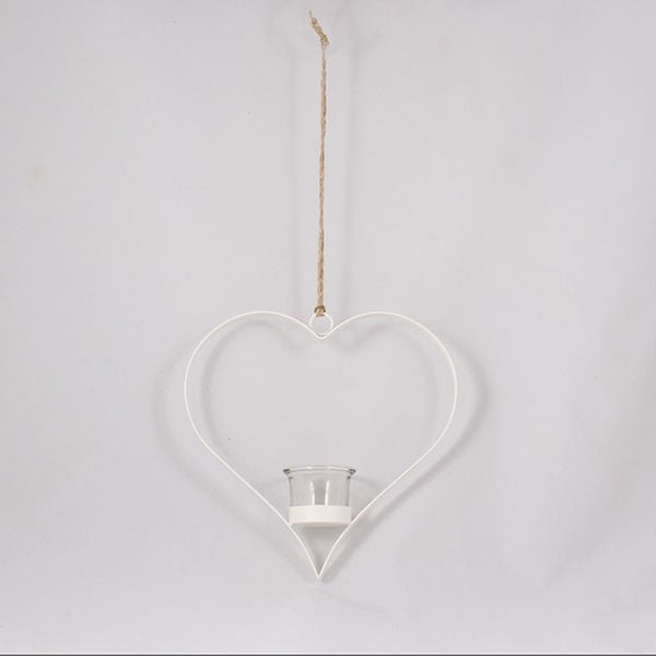 Širdies formos metalinis žvakidės laikiklis, baltos spalvos