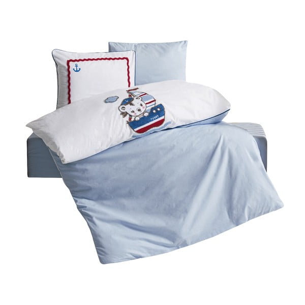 Baltos spalvos/mėlynos spalvos iš medvilnės vaikiška patalynė vaikiškai lovai su paklode/4 dalių 100x150 cm Miniyo – Mijolnir
