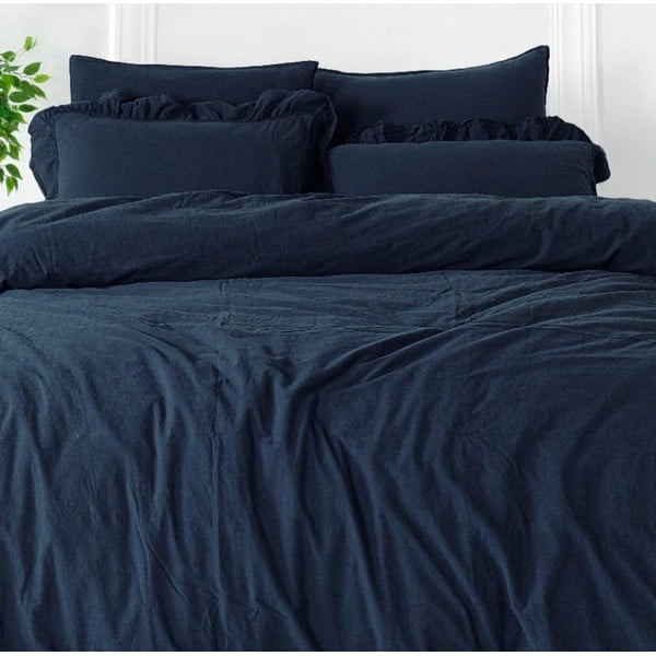 Tamsiai mėlynos spalvos iš ranforce medvilnės dvigulė/itin ilga patalynė 240x220 cm Ruffle Striped – Mila Home Luxury-image-2