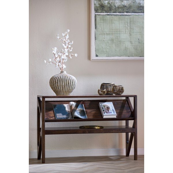 Tamsios natūralios spalvos konsolinis staliukas su stikliniu stalviršiu 41x119 cm Yuki – Light & Living-image-1