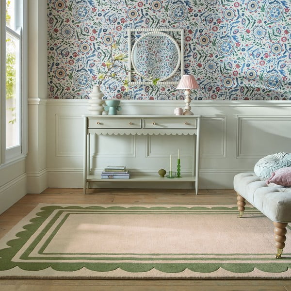 Rankų darbo iš vilnos kilimas žalios spalvos/natūralios spalvos 120x170 cm Lois Scallop – Flair Rugs-image-1