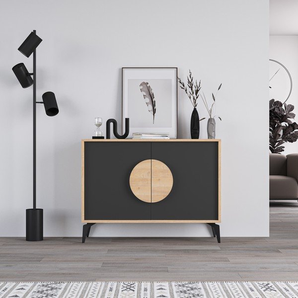 Žema šoninė spintelė juodos spalvos/natūralios spalvos iš ąžuolo 110x82 cm Vae – Marckeric-image-2