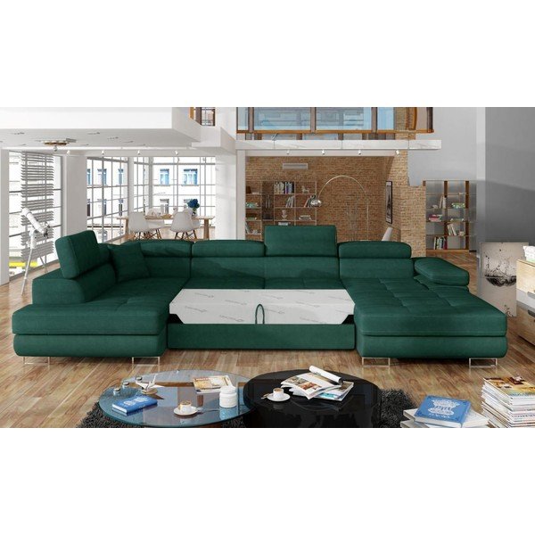Žalios spalvos iš velveto sulankstoma/su sandėliavimo vieta kampinė sofa (su kairiuoju kampu/„U“ formos) Rodrigo – ELTAP-image-2