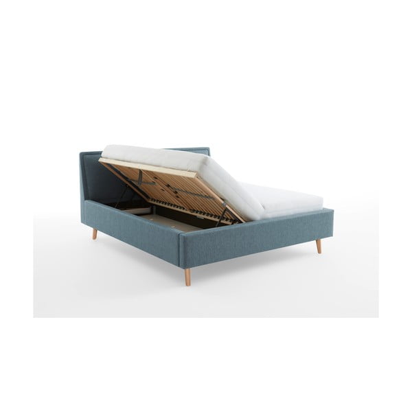 Žalios spalvos/mėlynos spalvos dvigulė lova dengta audiniu su sandėliavimo vieta su lovos grotelėmis 160x200 cm Frieda – Meise Möbel-image-3