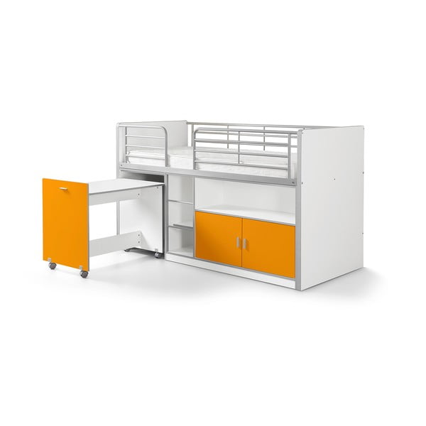 Balta ir oranžinė dviaukštė lova su ištraukiamu staliuku ir daiktadėže "Vipack", 200 x 90 cm