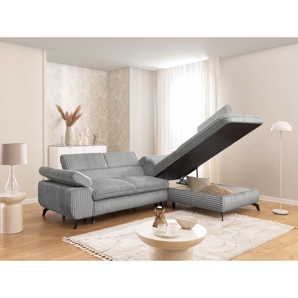 Šviesiai pilkos spalvos kampinė sofa iš kordinio velveto (su dešiniuoju kampu/„L“ formos) Marbeya  – Ropez-image-4