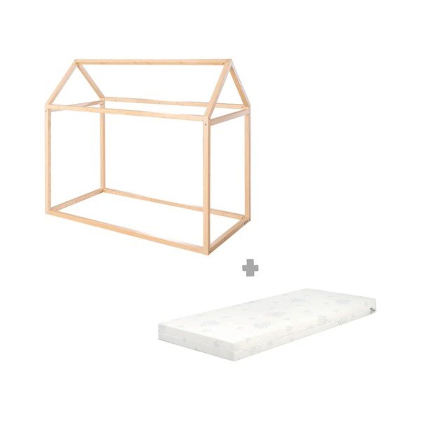 Natūralios spalvos naminė iš bambuko vaikiška lova su čiužiniu /be grotelių 70x140 cm House Bed – Roba