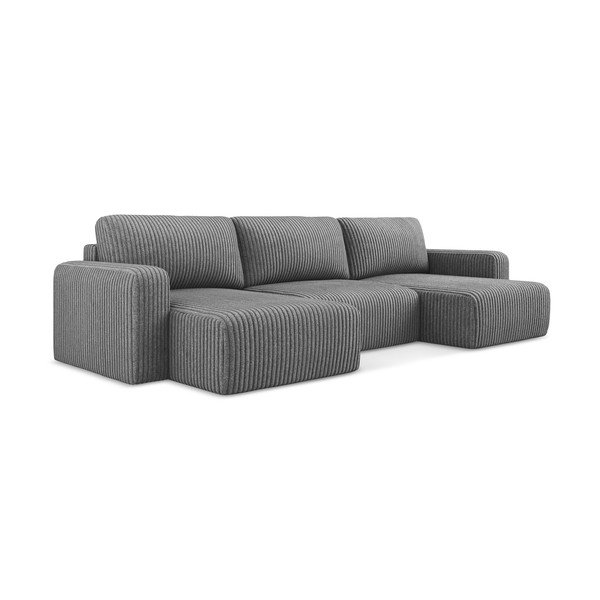 Pilkos spalvos sulankstoma/su sandėliavimo vieta kampinė sofa iš kordinio velveto („U“ formos) Kona – Makamii-image-2