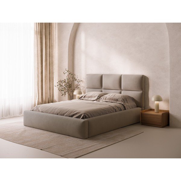 Šviesiai rudos spalvos dvigulė lova audiniu dengta su sandėliavimo vieta su lovos grotelėmis 140x200 cm Libera – Windsor & Co Sofas-image-1