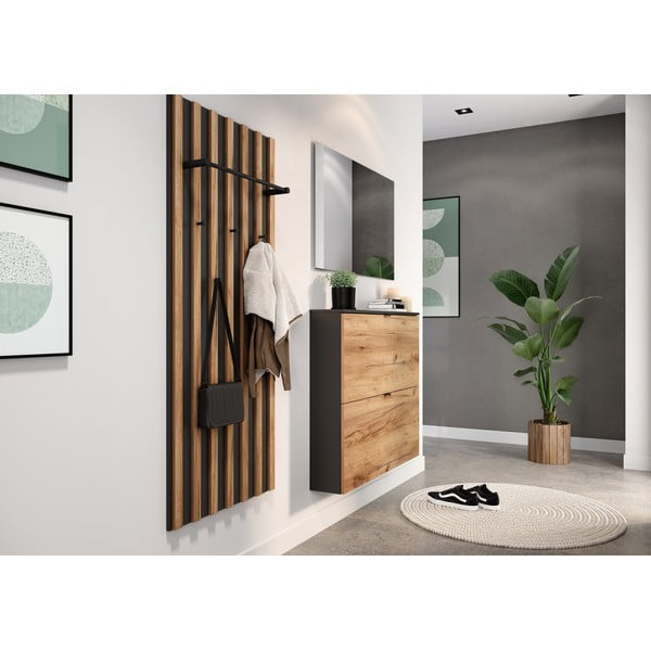 Antracito spalvos/natūralios spalvos sieninė kabykla iš ąžuolo 64x148x14 cm Renell – Germania-image-1