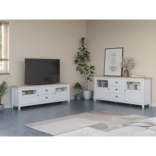 Iš pušies masyvo žema šoninė spintelė baltos spalvos 180x80 cm Misti – Marckeric