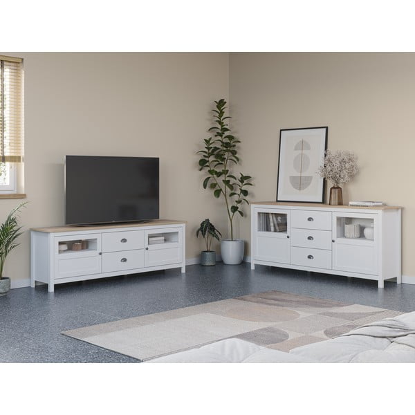 Iš pušies masyvo TV spintelė baltos spalvos 180x59 cm Misti – Marckeric-image-1