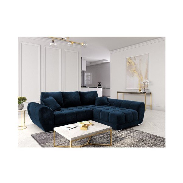 Tamsiai mėlyna aksominė kampinė sofa-lova Windsor & Co Sofas Nuage, dešinysis kampas-image-1