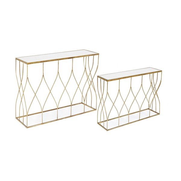 Auksinės spalvos konsoliniai staliukai 2 vnt. su stikliniu stalviršiu 33x104 cm Elenor – Bizzotto