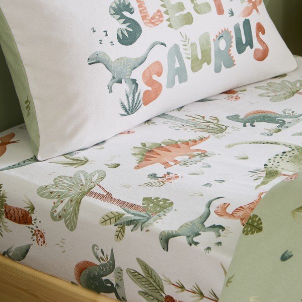 Kreminės spalvos iš flanelės viengulė vaikų patalynė su guma 90x190 cm Brushed Sleepy Saurus Dino – Catherine Lansfield