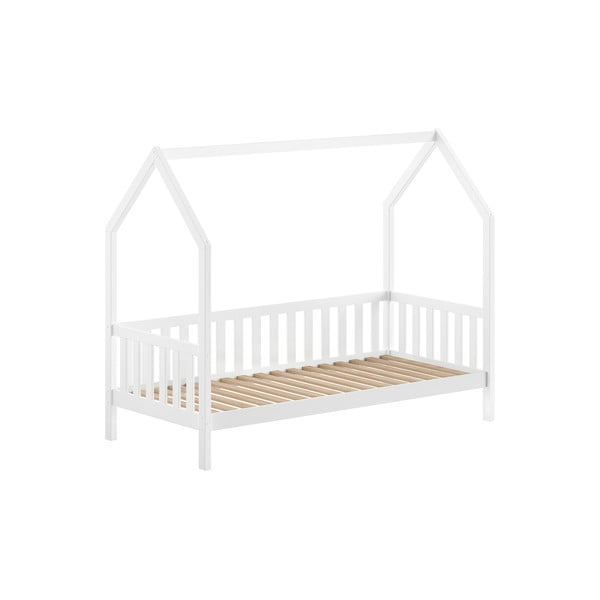 Baltos spalvos naminė iš pušies masyvo vaikiška lova su lovos grotelėmis 90x200 cm Cabane – Vipack