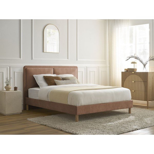 Pilkai rožinės spalvos iš audinio dvigulė lova audiniu dengta su lovos grotelėmis 140x190 cm Mara – Bobochic Paris-image-2