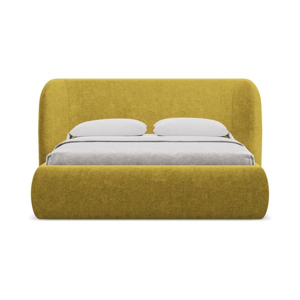 Garstyčių spalvos dvigulė lova audiniu dengta su sandėliavimo vieta su lovos grotelėmis 180x200 cm Hauke – Makamii-image-3