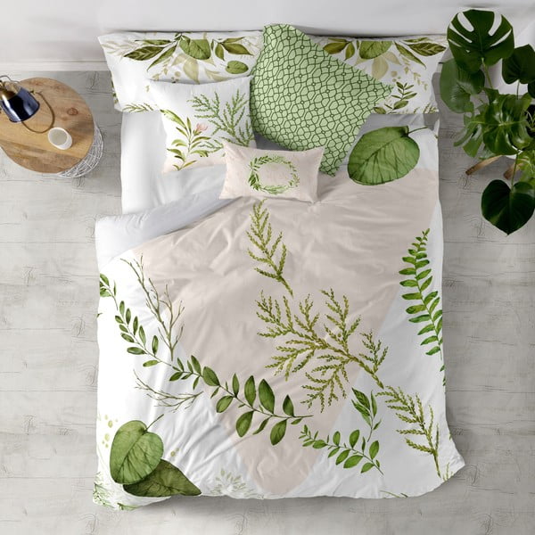 Dvigulis antklodės užvalkalas baltos spalvos/žalios spalvos iš medvilnės 200x200 cm Herbal – Happy Friday
