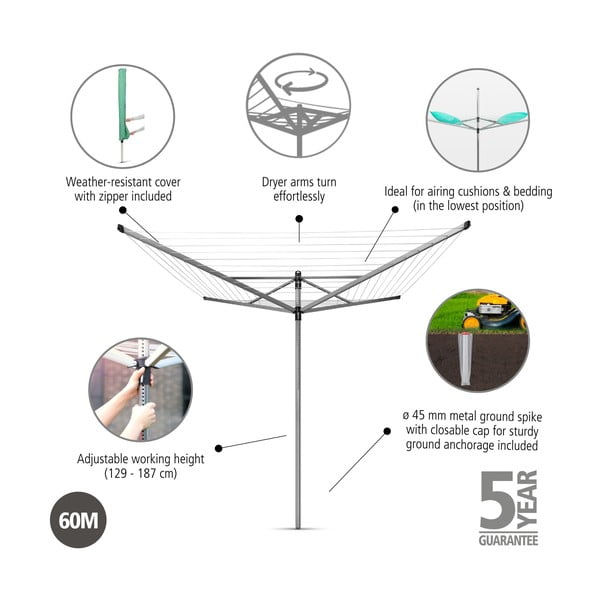 Sidabrinės spalvos sodo skalbinių džiovykla 60 m Lift-O-Matic – Brabantia-image-4