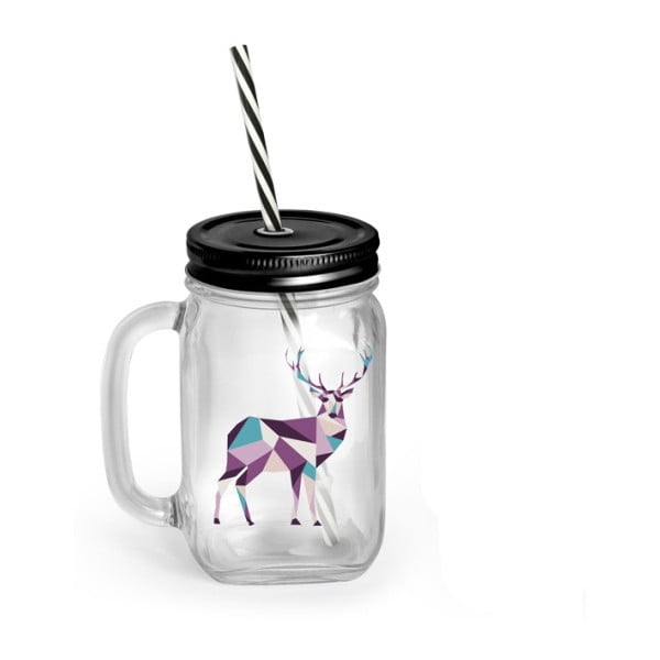 Stiklinė su dangteliu ir šiaudeliu Vialli Design Mia Natura Deer, 450 ml