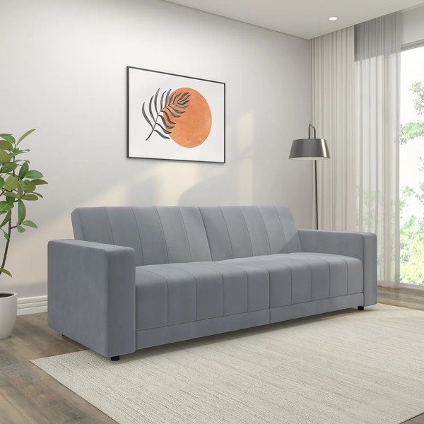 Šviesiai pilkos spalvos reguliuojama/sulankstoma sofa iš velveto 225 cm Allie – Støraa-image-3