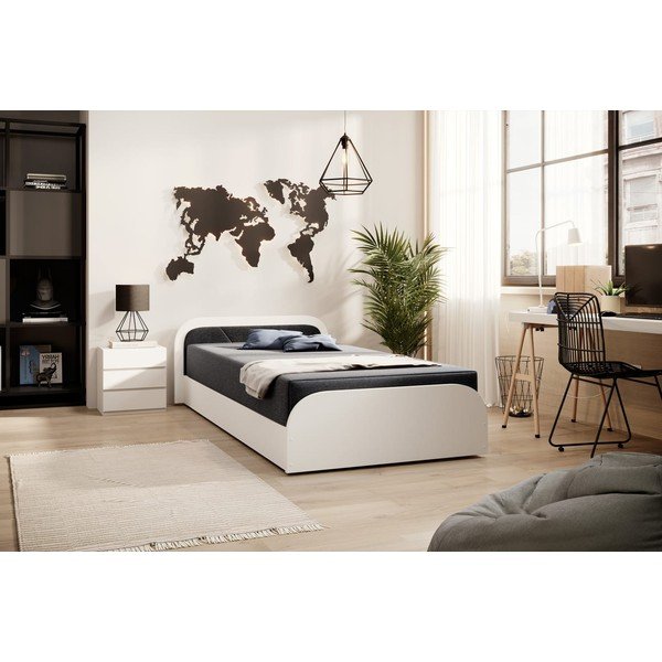 Baltos spalvos/tamsiai pilkos spalvos viengulė lova dengta audiniu/iš medžio drožlių plokštės su sandėliavimo vieta su čiužiniu  80x190 cm Parys – ELTAP-image-1