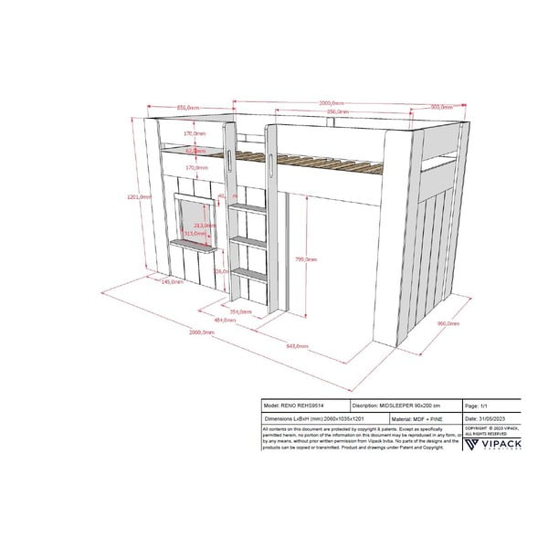 Paaukštinta vaikiška lova iš pušies masyvo baltos spalvos 90x200 cm RENO – Vipack-image-3