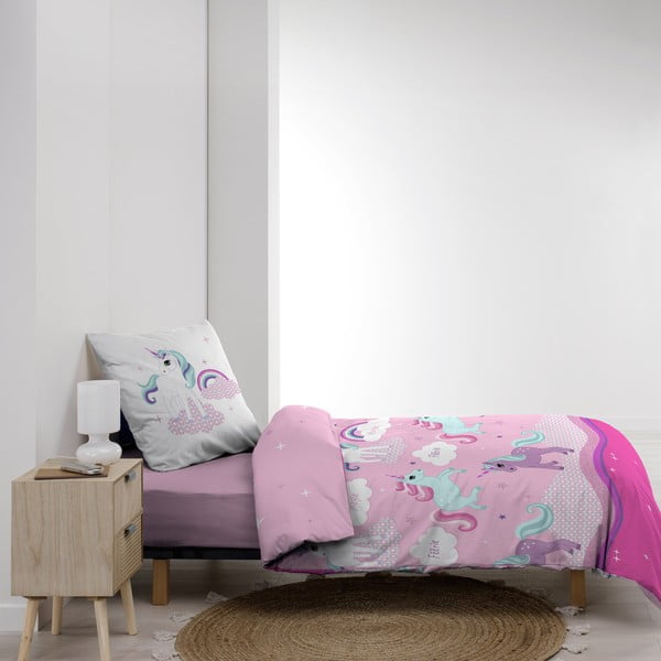 Rožinės spalvos iš medvilnės viengulė vaikiška patalynė 140x200 cm Licorne – douceur d'intérieur-image-2