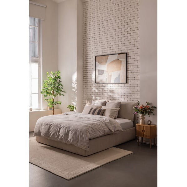 Smėlio spalvos dvigulė lova audiniu dengta su sandėliavimo vieta su grotelėmis 160x200 cm Thessa Pillow – Bonami Selection-image-1