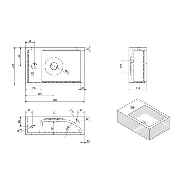 Baltas mažas praustuvas iš lieto marmuro Sapho Alabama, kairė pusė-image-3