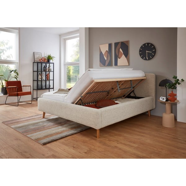 Smėlio spalvos dvigulė lova audiniu dengta su sandėliavimo vieta su lovos grotelėmis 180x200 cm Mattis – Meise Möbel-image-3
